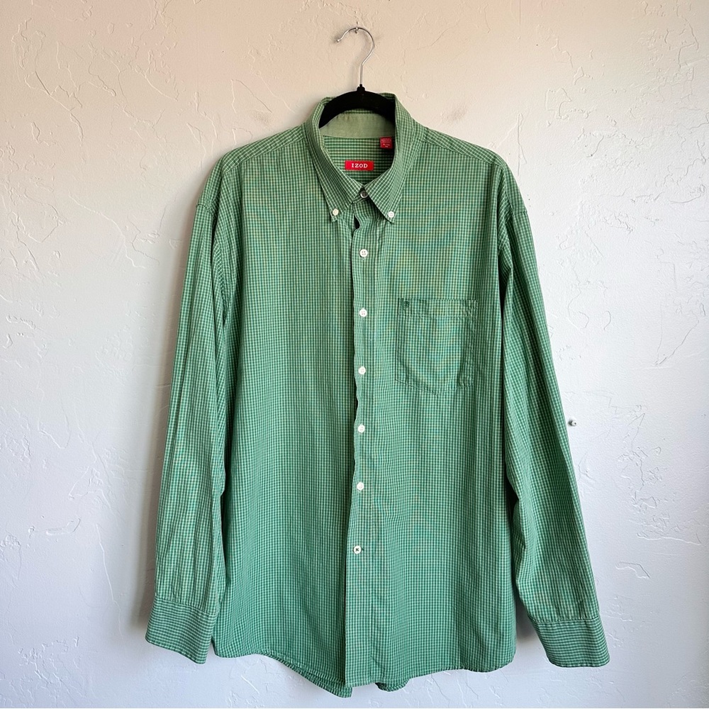 Izod Men's Green Micro Plaid Button-Down Shirt Long Sleeve Embroidered Size XL